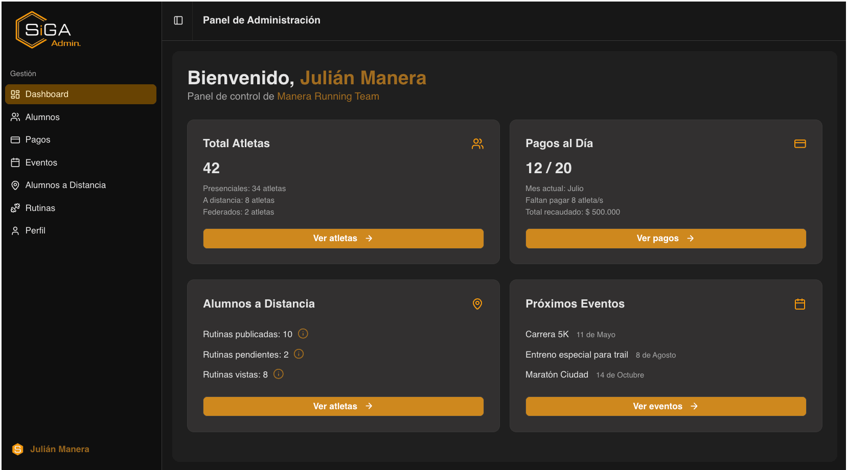 Dashboard SIGA - Sistema de Gestión de Atletas